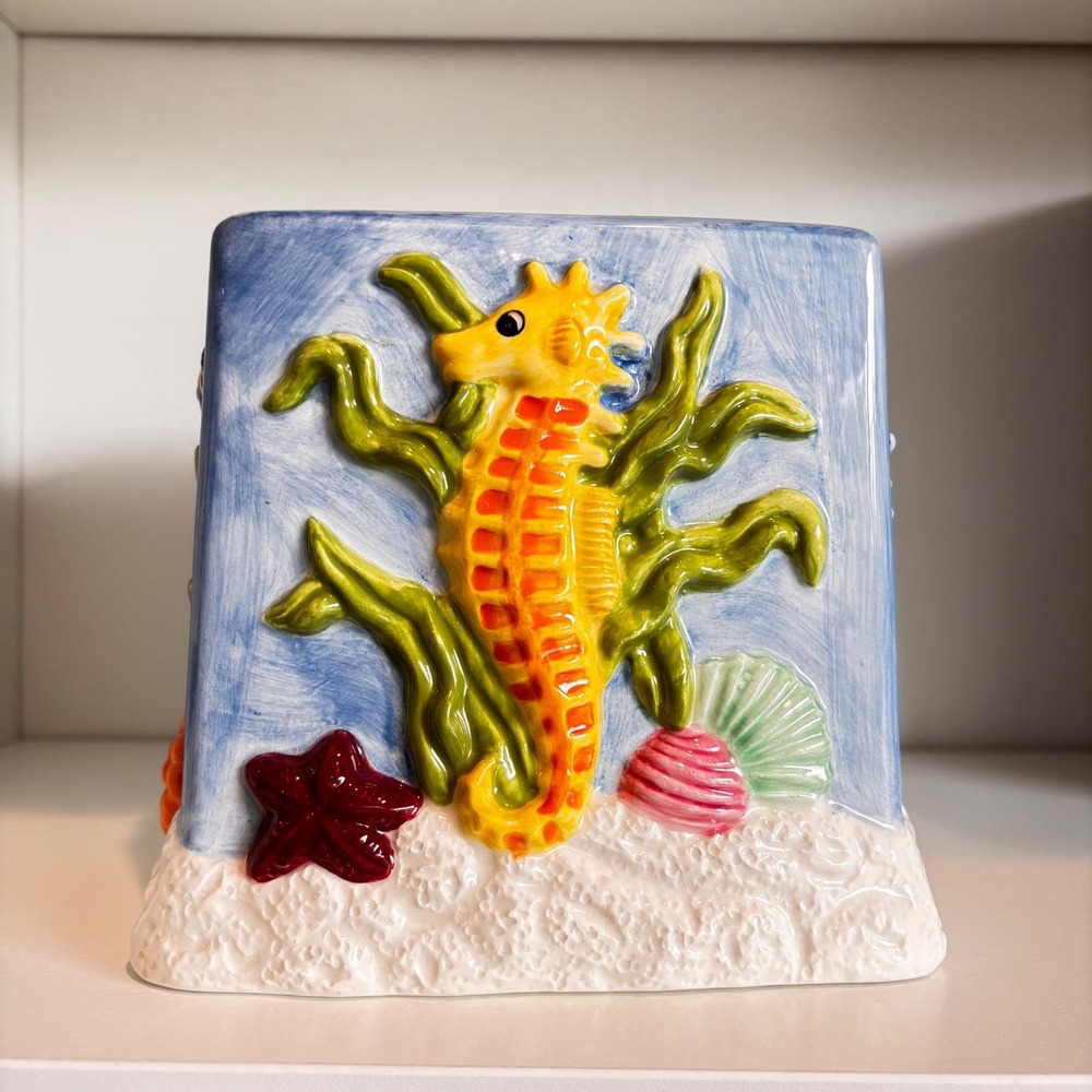 Vintage 3D Ceramic Seaside Cube Tissue Box Cover Seahorse Shells Tropical Fish - Picture 4 of 7